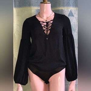 Zara bodysuit Lace up balloon long sleeve black sz xs NEW